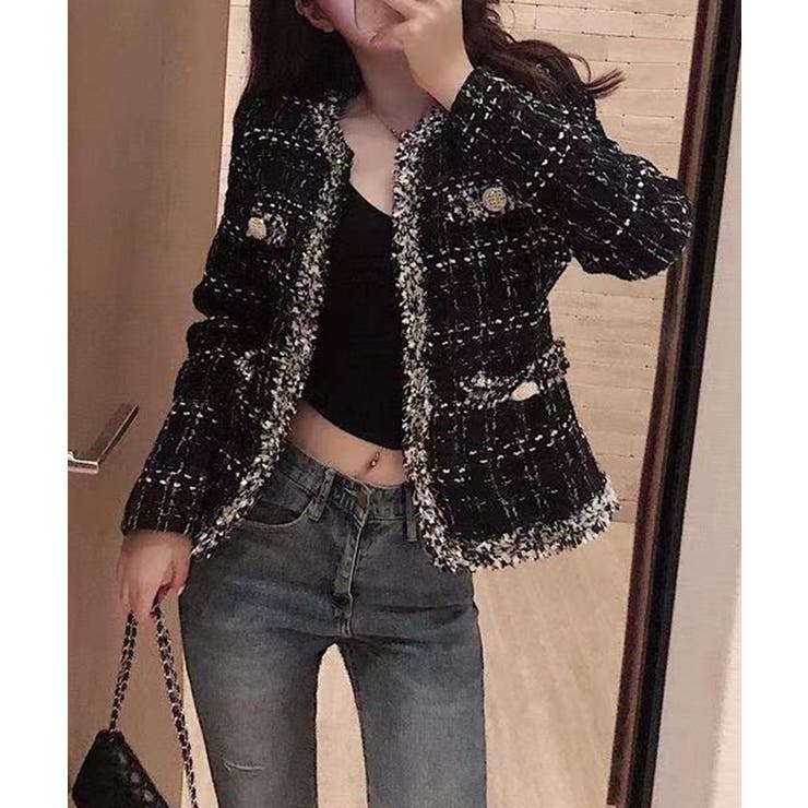 フリンジトリムノーカラーツイードジャケット 着流し風デザイン | SEU | 詳細画像23 