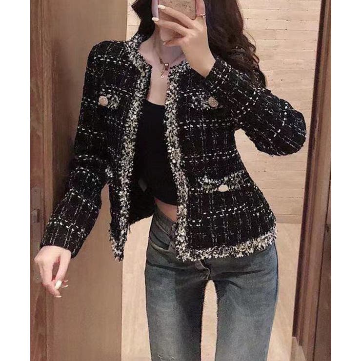 フリンジトリムノーカラーツイードジャケット 着流し風デザイン | SEU | 詳細画像24 