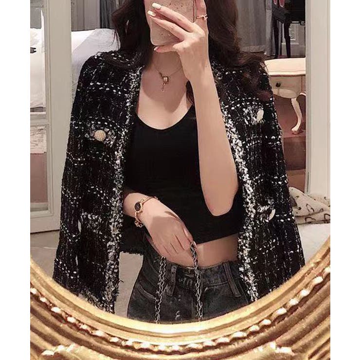 フリンジトリムノーカラーツイードジャケット 着流し風デザイン | SEU | 詳細画像26 