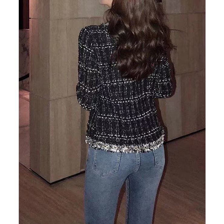 フリンジトリムノーカラーツイードジャケット 着流し風デザイン | SEU | 詳細画像29 