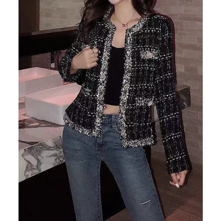 フリンジトリムノーカラーツイードジャケット 着流し風デザイン | SEU | 詳細画像25 