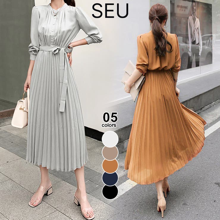 ウエストリボンAラインミモレ丈プリーツワンピース | SEU | 詳細画像1 