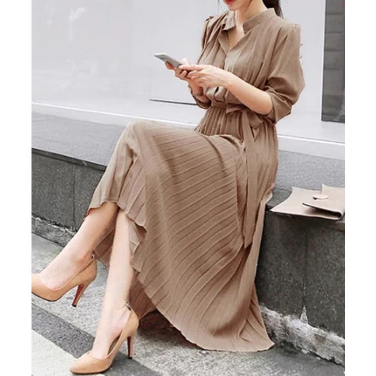 ベージュ | ウエストリボンAラインミモレ丈プリーツワンピース | SEU
