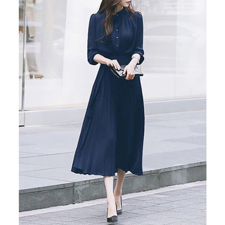 ネイビー | ウエストリボンAラインミモレ丈プリーツワンピース | SEU