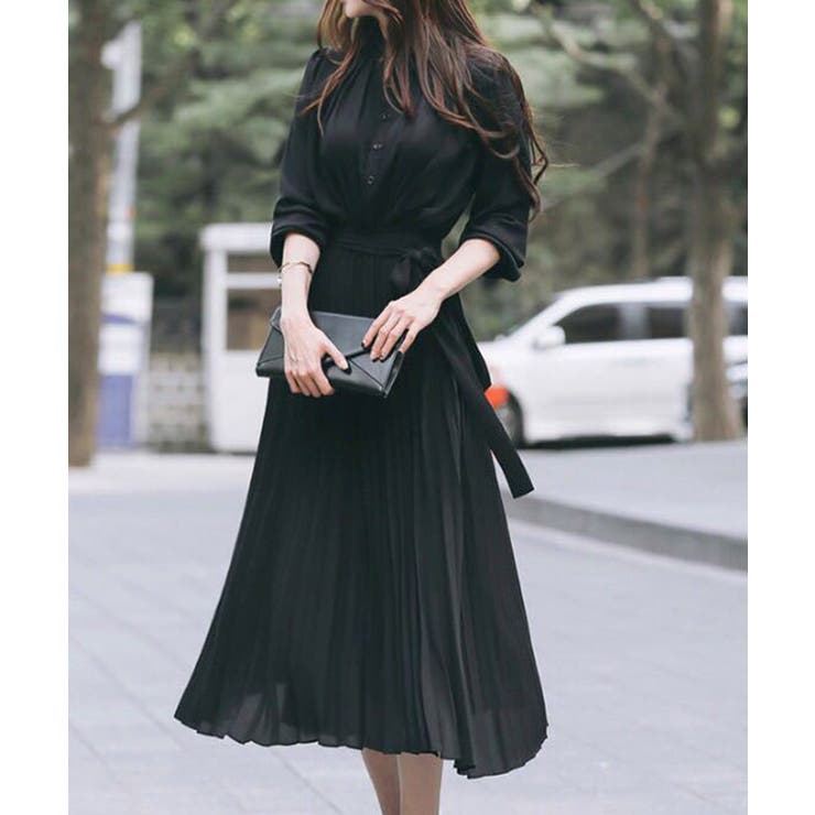 ブラック | ウエストリボンAラインミモレ丈プリーツワンピース | SEU