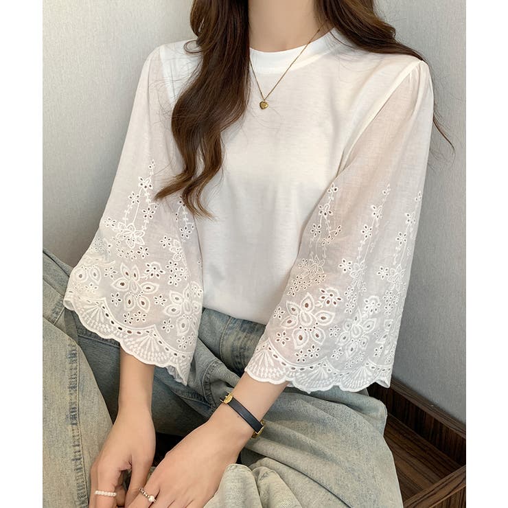 異素材切替フレア袖レースTシャツ【SHOPLIST限定 新作 春 夏 秋】[品番