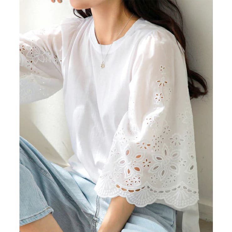 異素材切替フレア袖レースTシャツ【SHOPLIST限定 新作 春 夏 秋】[品番 