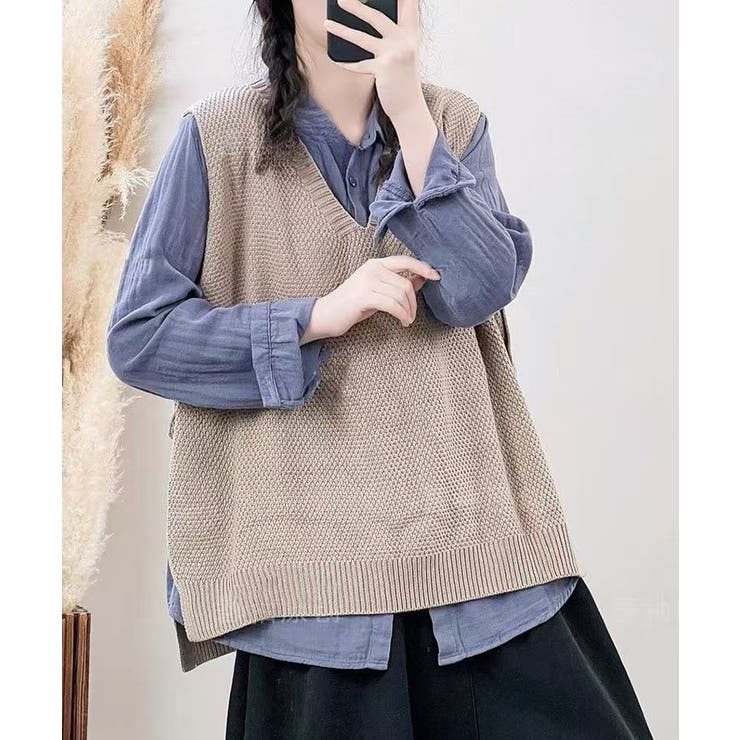 ベージュ | サイドボタンVネックニットベスト【SHOPLIST限定 新作 春 秋 冬】 | SEU