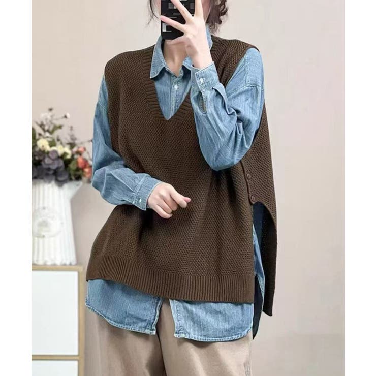 ブラウン | サイドボタンVネックニットベスト【SHOPLIST限定 新作 春 秋 冬】 | SEU