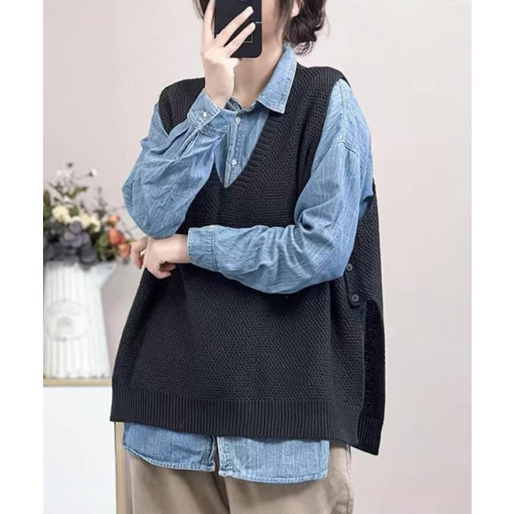 チャコール | サイドボタンVネックニットベスト【SHOPLIST限定 新作 春 秋 冬】 | SEU