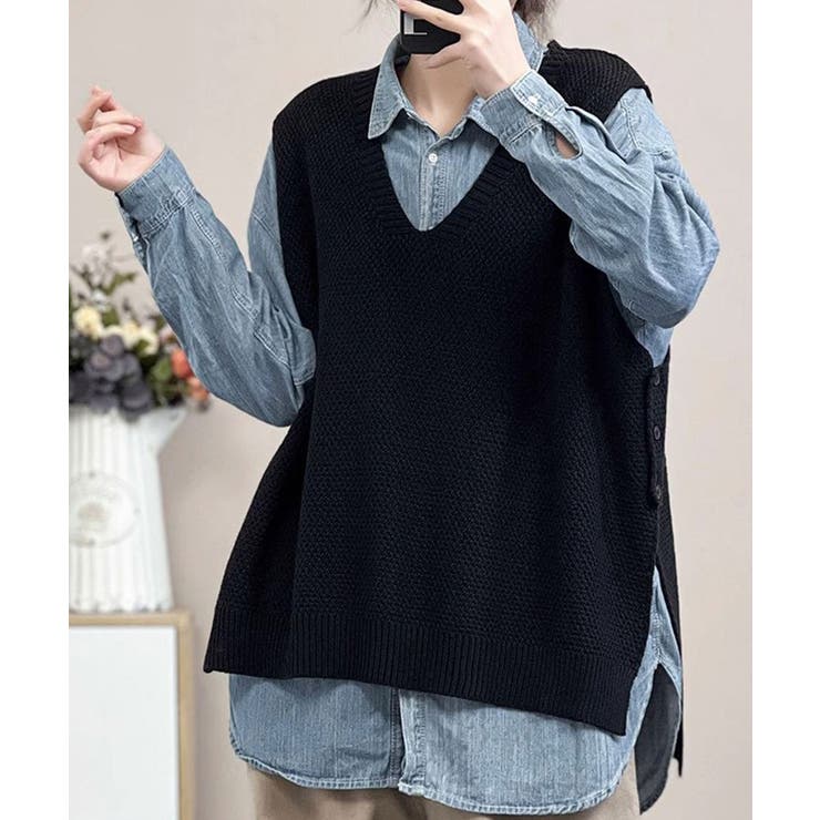 ブラック | サイドボタンVネックニットベスト【SHOPLIST限定 新作 春 秋 冬】 | SEU