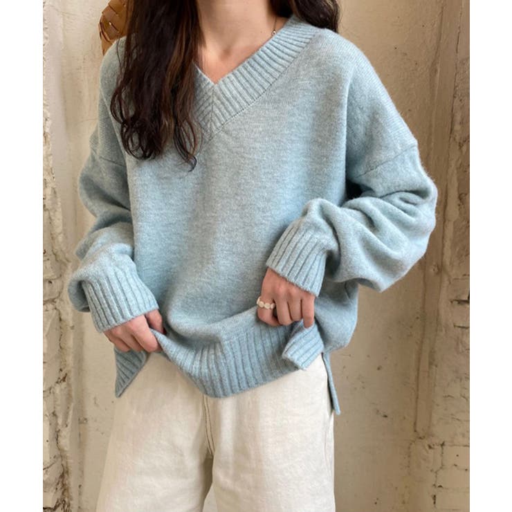 ブルー | ふんわり起毛 Vネック ニットトップス【SHOPLIST限定 | SEU