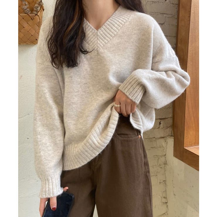 アイボリー | ふんわり起毛 Vネック ニットトップス【SHOPLIST限定 | SEU