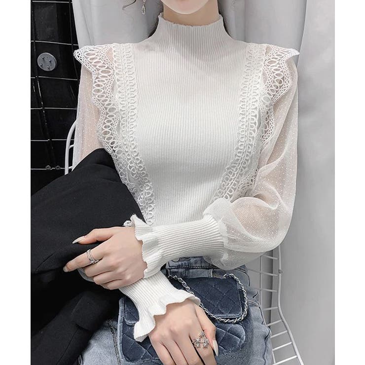 ホワイト | シアースリーブレースフリルリブニットトップス【SHOPLIST限定 新作 春 | SEU