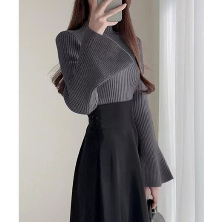 チャコール | モックネックフレアスリーブリブニットトップス【SHOPLIST限定 新作 春 | SEU