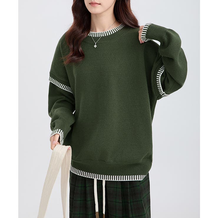 グリーン | 配色ステッチオーバーサイズクルーネックニット【SHOPLIST限定 新作 春 | SEU