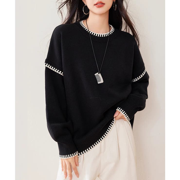 配色ステッチオーバーサイズクルーネックニット【SHOPLIST限定 新作 春 | SEU | 詳細画像18 