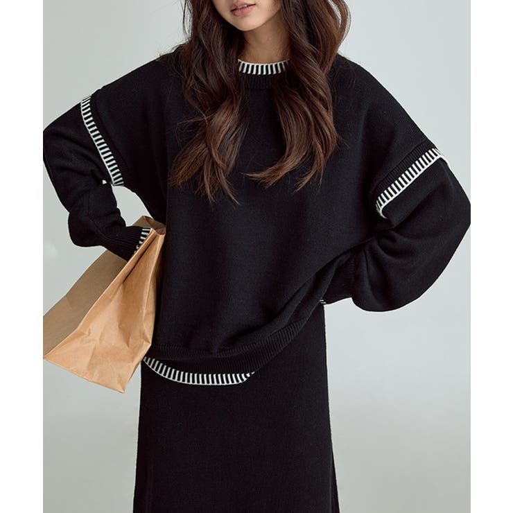 ブラック | 配色ステッチオーバーサイズクルーネックニット【SHOPLIST限定 新作 春 | SEU