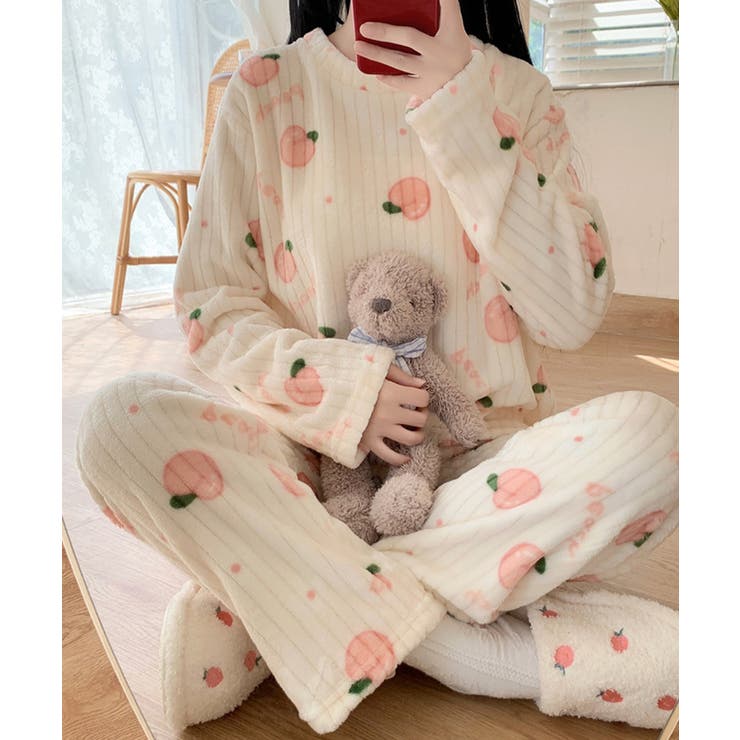 ホワイト | 【上下セット】ふわもこリブフランネルルームウェア2点セット【SHOPLIST限定… | SEU