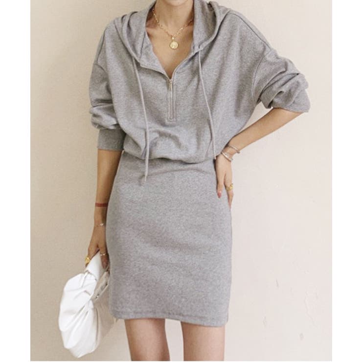 グレー | フード付きハーフジップ長袖タイトミニワンピース【SHOPLIST限定 新作 春 | SEU