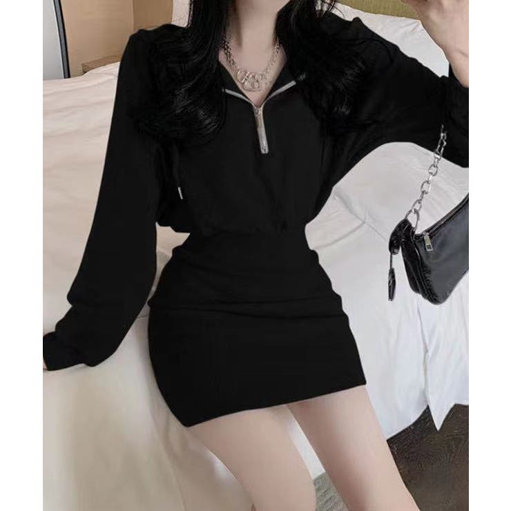 ブラック | フード付きハーフジップ長袖タイトミニワンピース【SHOPLIST限定 新作 春 | SEU