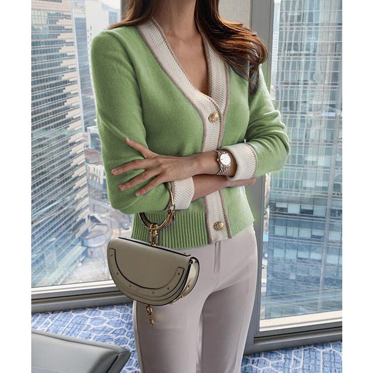 グリーン | ショート丈Ｖネック配色ニットカーディガン【SHOPLIST限定 新作 春 | SEU