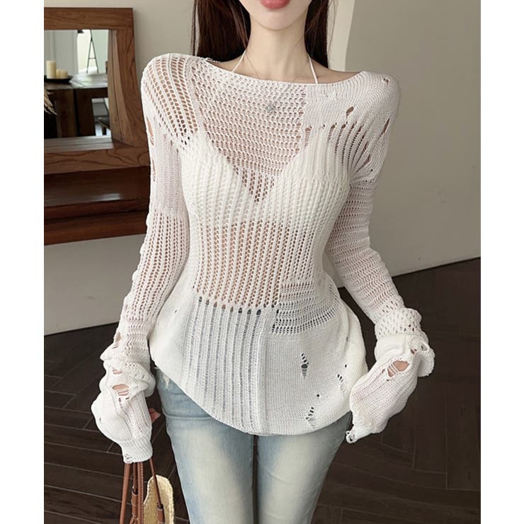 ホワイト | ロングスリーブメッシュニットトップス シアートップス【SHOPLIST限定 新作 | SEU