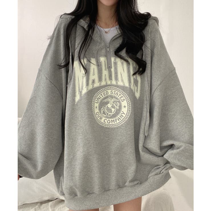 グレー | カレッジロゴ風ハーフジップパーカー【SHOPLIST限定 新作 春 | SEU