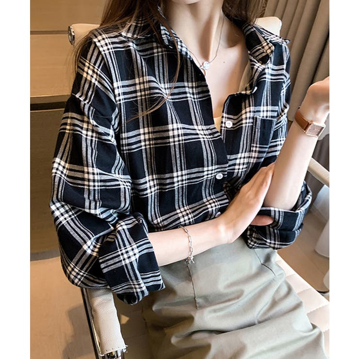 ブラック | オーバーサイズチェック柄シャツブラウス【SHOPLIST限定 新作 春 | SEU