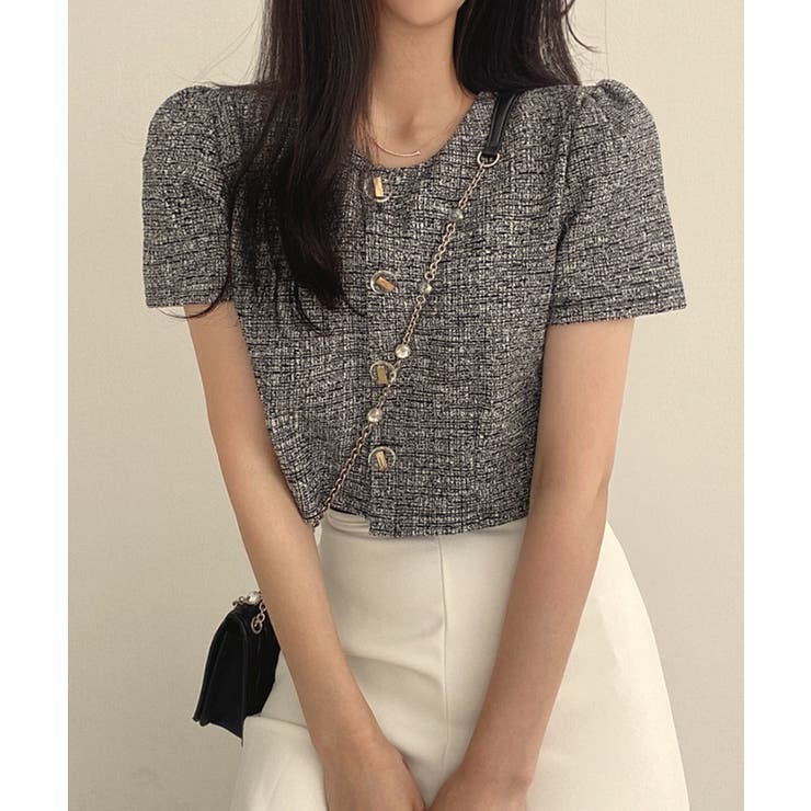 ブラック | ツイード風ノーカラー半袖ジャケット【SHOPLIST限定 新作 春 夏 秋】 | SEU
