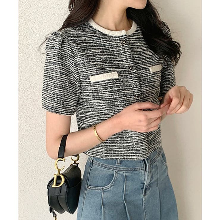 ブラック | ツイードチェック風ノーカラー半袖ジャケット【SHOPLIST限定 新作 春 | SEU