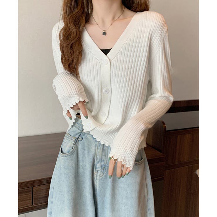 ホワイト | Vネックリブニットカーディガン【SHOPLIST限定 新作 春 夏 秋 冬】 | SEU