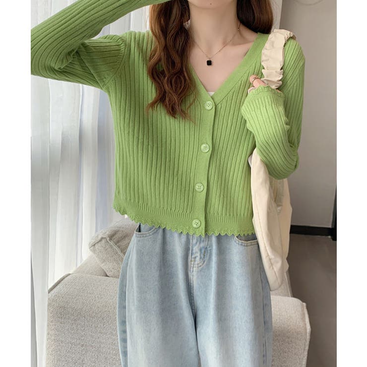 グリーン | Vネックリブニットカーディガン【SHOPLIST限定 新作 春 夏 秋 冬】 | SEU