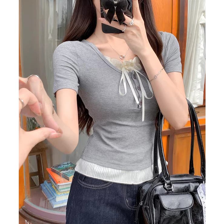 配色フリルリボンネックリブ半袖トップス【SHOPLIST限定 新作 春 | SEU | 詳細画像16 