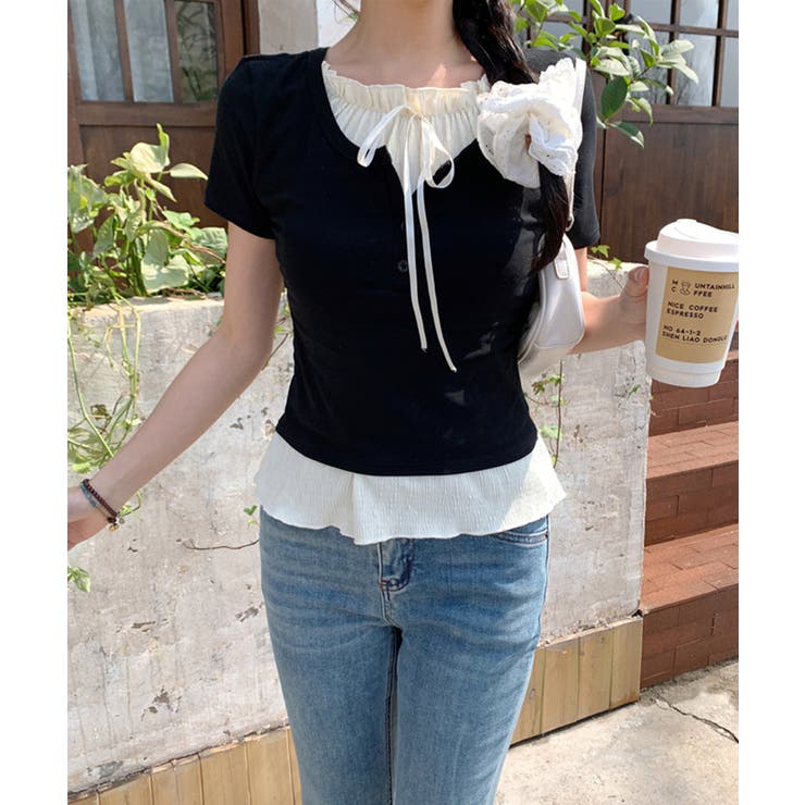 ブラック | 配色フリルリボンネックリブ半袖トップス【SHOPLIST限定 新作 春 | SEU