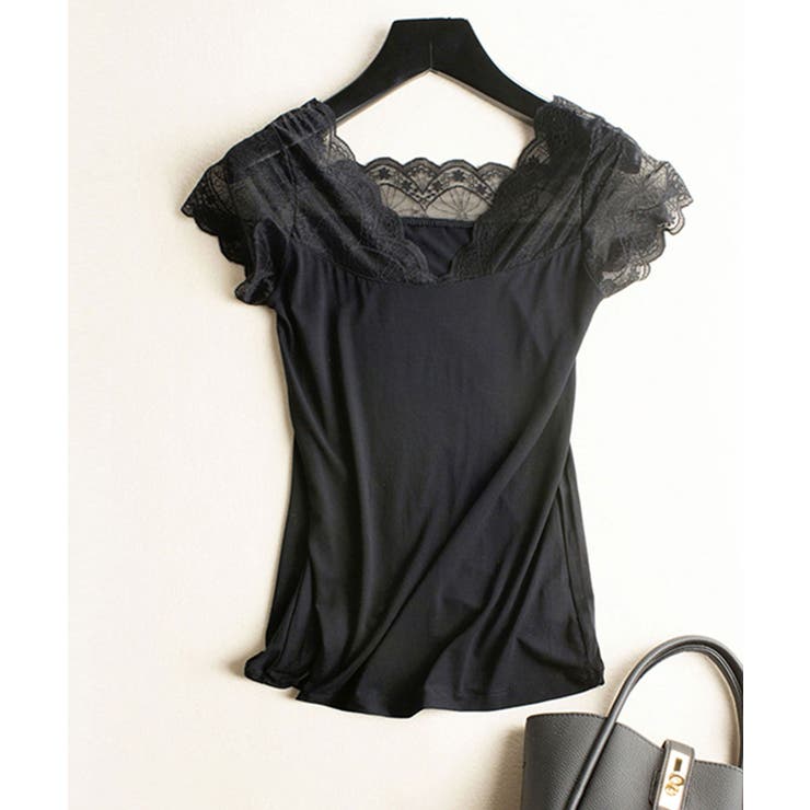 濃情ブラウニーフレンチフレアスリーブレースニットレトロvネックインナー