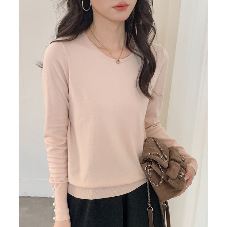 ピンク | パールボタン付きクルーネックニットプルオーバー | SAISON DE PAPILLON 