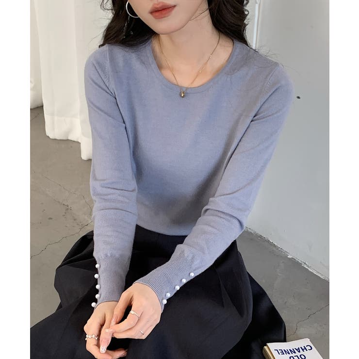 パールボタン付きクルーネックニットプルオーバー | SAISON DE PAPILLON  | 詳細画像4 