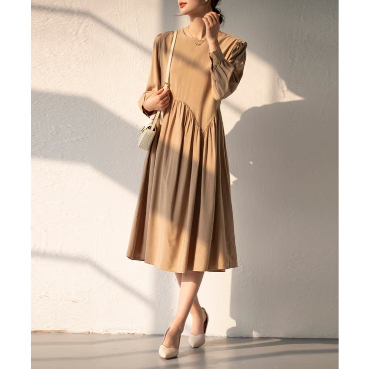 ベージュ | Aラインスモックワンピース ハイウエスト ゆったり | SEU