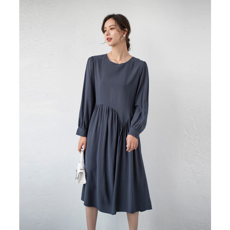 チャコール | Aラインスモックワンピース ハイウエスト ゆったり | SEU