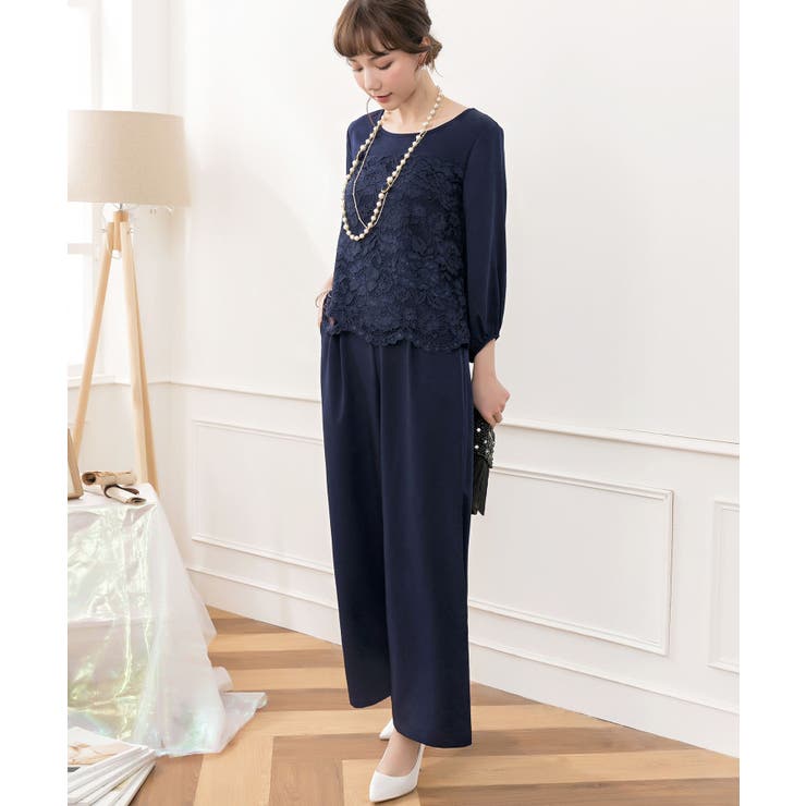 レース7分袖トップス＆スラックスセットアップ パンツスタイル