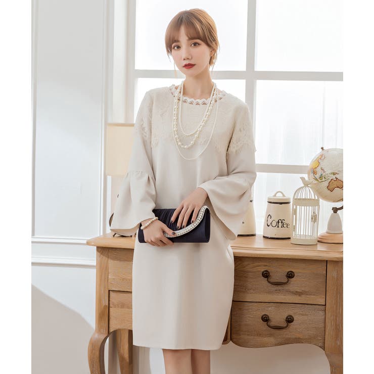 胸元レースデザインパーティードレス・結婚式ワンピース[品番