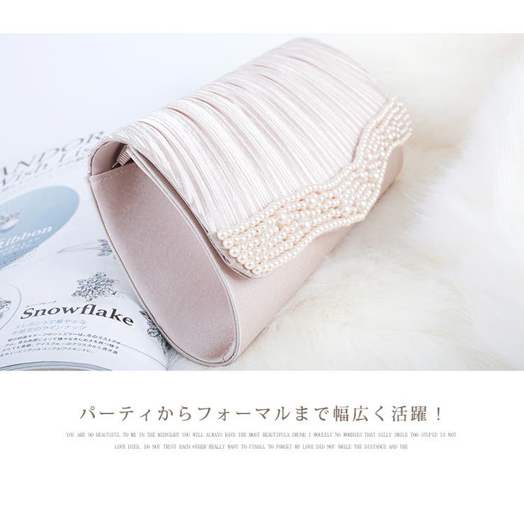 シャンパンゴールド | パールビジューラディアルサテンプリーツバッグ | DRESS+