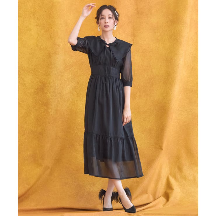 ワンピース シアー素材 ケープ付き ミモレ丈パーティードレス卒業式 成人式 | DRESS+ | 詳細画像4 