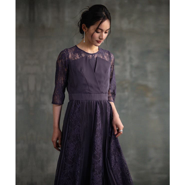 パープル | ワンピース ドレス レース袖 | DRESS+