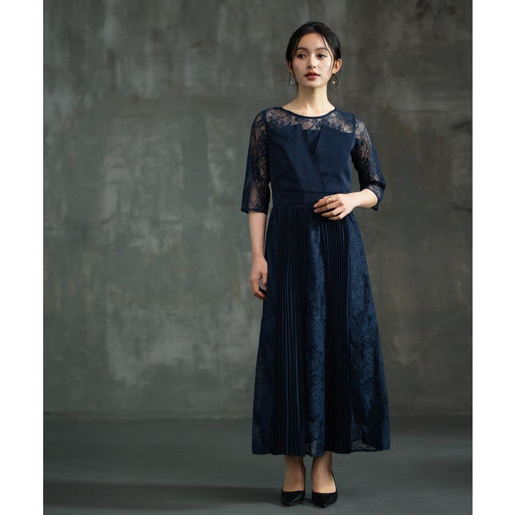 ネイビー | ワンピース ドレス レース袖 | DRESS+