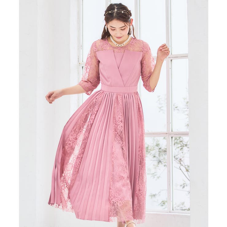 スモークピンク | ワンピース ドレス レース袖 | DRESS+