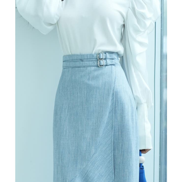 ブルー】飾りベルト付きラップ風ロングスカート[品番：DSSW0004145