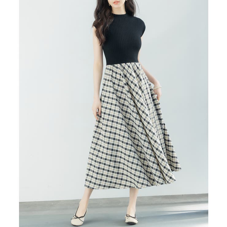 ニットトップスとチェック柄スカートのドッキングワンピース | SAISON DE PAPILLON  | 詳細画像11 