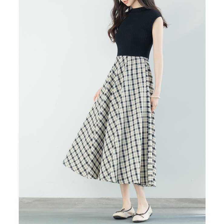 ニットトップスとチェック柄スカートのドッキングワンピース | SAISON DE PAPILLON  | 詳細画像12 